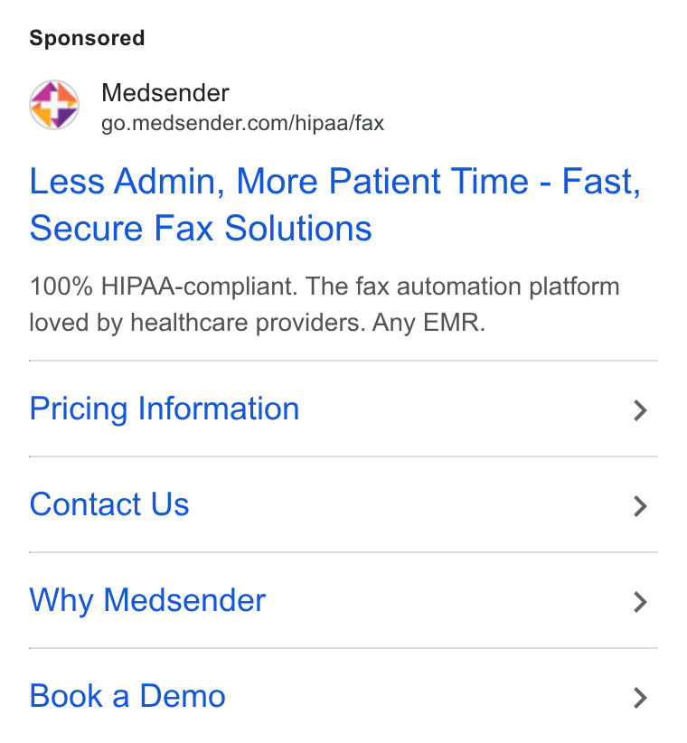 Medsender ad on Google Ads: Less Admin, More Patient Time - Fast, Secure Fax Solutions 100% HIPAA-compliant. The fax automation platform loved by healthcare providers. Any EMR. Pricing Information > Contact Us > Why Medsender > Book a Demo >
