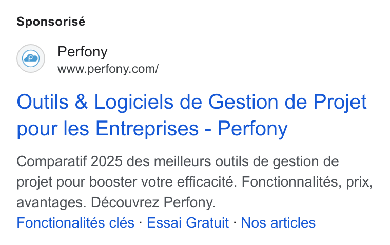 Perfony ad on Google Ads: Sponsorisé Outils & Logiciels de Gestion de Projet pour les Entreprises - Perfony Comparatif 2025 des meilleurs outils de gestion de projet pour booster votre efficacité. Fonctionnalités, prix, avantages. Découvrez Perfony. Fonctionalités clés - Essai Gratuit - Nos articles