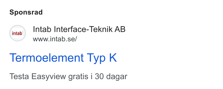Upsales ad on Google Ads: Sponsrad Termoelement Typ K Testa Easyview gratis i 30 dagar