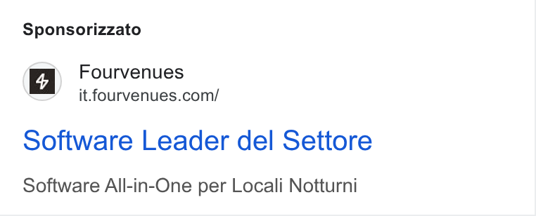 Fourvenues ad on Google Ads: Sponsorizzato Software Leader del Settore Software All-in-One per Locali Notturni