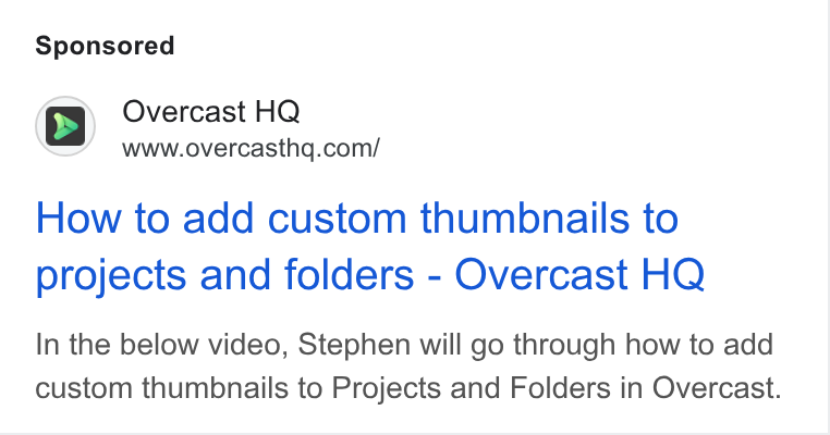Overcast HQ ad on Google Ads: How to add custom thumbnails to projects and folders - Overcast HQ In the below video, Stephen will go through how to add custom thumbnails to Projects and Folders in Overcast.