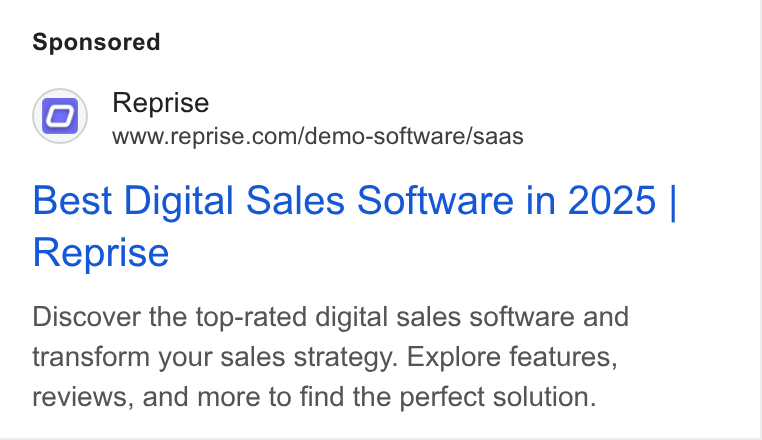 Reprise ad on Google Ads: Best Digital Sales Software in 2025 | Reprise Discover the top-rated digital sales software and transform your sales strategy. Explore features, reviews, and more to find the perfect solution.
