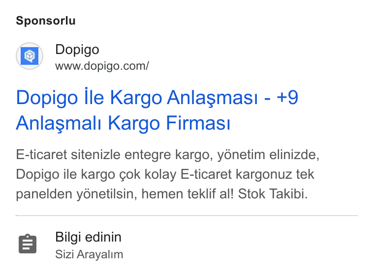 Dopigo ad on Google Ads: Sponsorlu Dopigo lle Kargo Anlasmasi - +9 Anlasmali Kargo Firmasi E-ticaret sitenizle entegre kargo, yonetim elinizde, Dopigo ile kargo cok kolay E-ticaret kargonuz tek panelden yénetilsin, hemen teklif al! Stok Takibi. 8 Bilgi edinin Sizi Arayalim