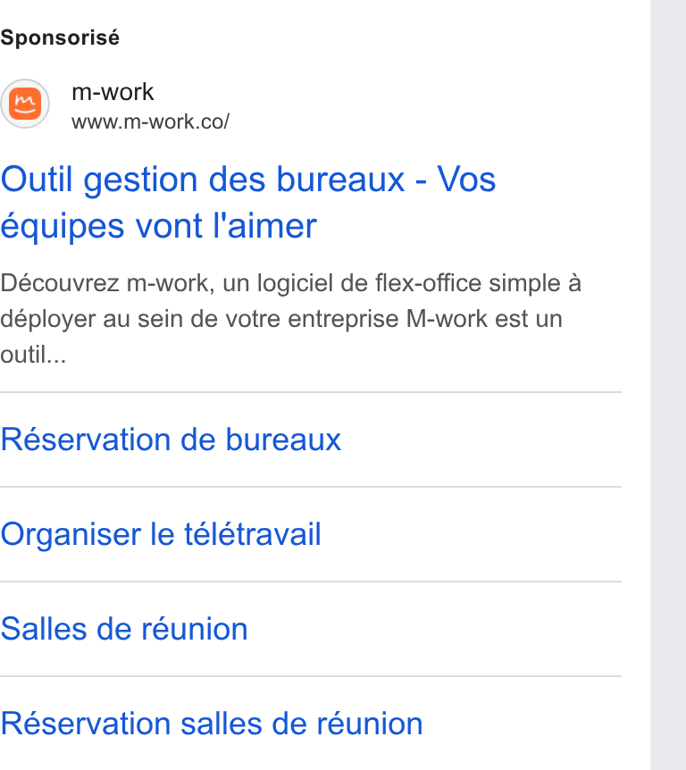 m-work ad on Google Ads: Sponsorisé Outil gestion des bureaux - Vos équipes vont I'aimer Découvrez m-work, un logiciel de flex-office simple a déployer au sein de votre entreprise M-work est un outil... Réservation de bureaux Organiser le télétravail Salles de réunion Réservation salles de réunion