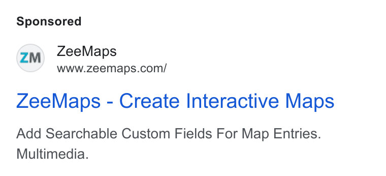 ZeeMaps ad on Google Ads: Zee Maps - Create Interactive Maps Add Searchable Custom Fields For Map Entries. Multimedia.