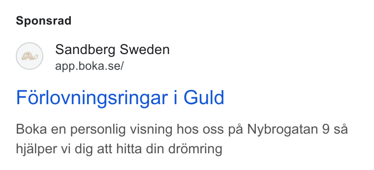 Boka.se ad on Google Ads: Sponsrad Forlovningsringar i Guld Boka en personlig visning hos oss pa Nybrogatan 9 sa hjalper vi dig att hitta din dromring