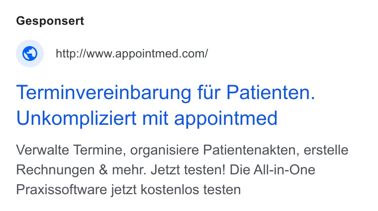 appointmed ad on Google Ads: Terminvereinbarung fur Patienten. Unkompliziert mit appointmed Verwalte Termine, organisiere Patientenakten, erstelle Rechnungen & mehr. Jetzt testen! Die All-in-One Praxissoftware jetzt kostenlos testen