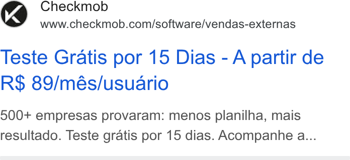 Checkmob ad on Google Ads: Teste Gratis por 15 Dias - A partir de R$ 89/més/usuario 500+ empresas provaram: menos planilha, mais resultado. Teste gratis por 15 dias. Acompanhe a...