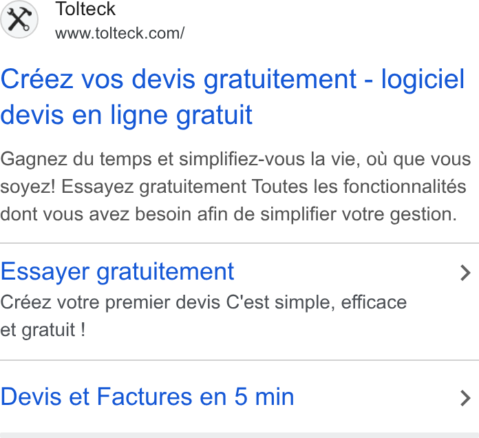 Tolteck ad on Google Ads: Créez vos devis gratuitement - logiciel devis en ligne gratuit Gagnez du temps et simplifiez-vous la vie, ol que vous soyez! Essayez gratuitement Toutes les fonctionnalités dont vous avez besoin afin de simplifier votre gestion. Essayer gratuitement > Créez votre premier devis C'est simple, efficace et gratuit ! Devis et Factures en 5 min >