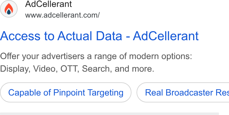 AdCellerant ad on Google Ads: Access to Actual Data - Ad Cellerant Offer your advertisers a range of modern options: Display, Video, OTT, Search, and more. Capable of Pinpoint Targeting } ( Real Broadcaster Res