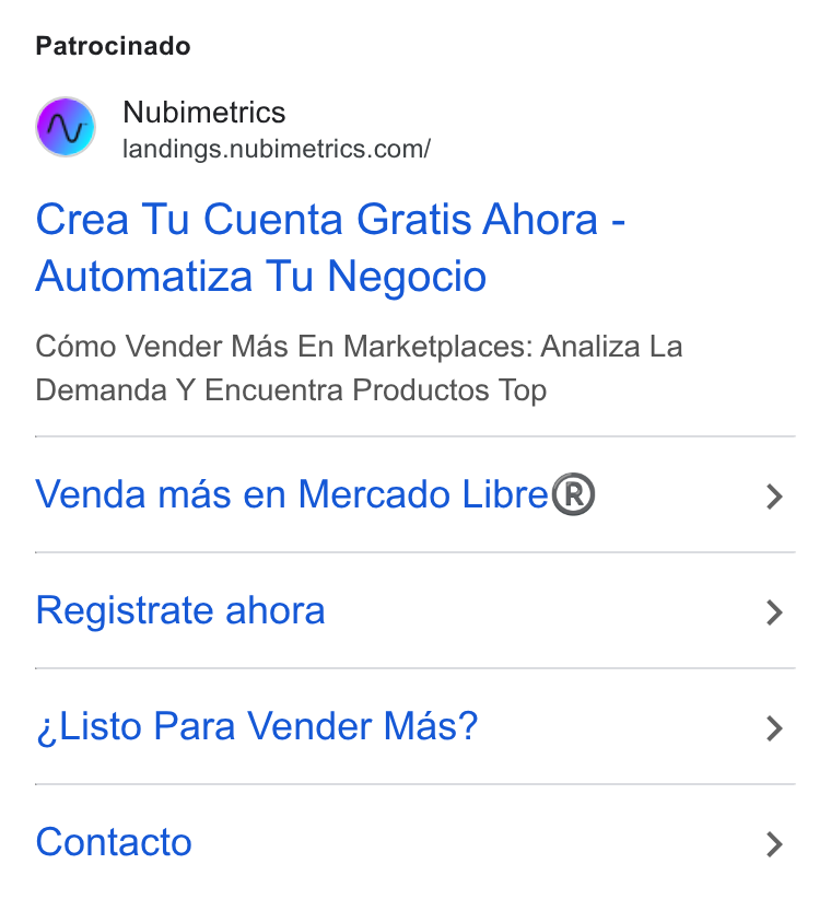 Nubimetrics ad on Google Ads: Patrocinado Crea Tu Cuenta Gratis Ahora - Automatiza Tu Negocio Cémo Vender Mas En Marketplaces: Analiza La Demanda Y Encuentra Productos Top Venda mas en Mercado Libre® Registrate ahora Listo Para Vender Mas? Contacto