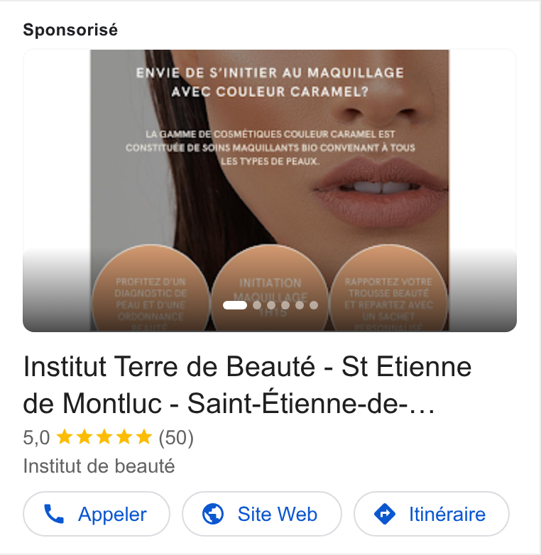 Planity ad on Google Ads: Sponsorisé VIENQE S’INITIER AU ranula Institut Terre de Beauté - St Etienne de Montluc - Saint-Etienne-de-... 5,0 tek ek (50) Institut de beauté Appeler )( @ Site Web }{ © Itinéraire }