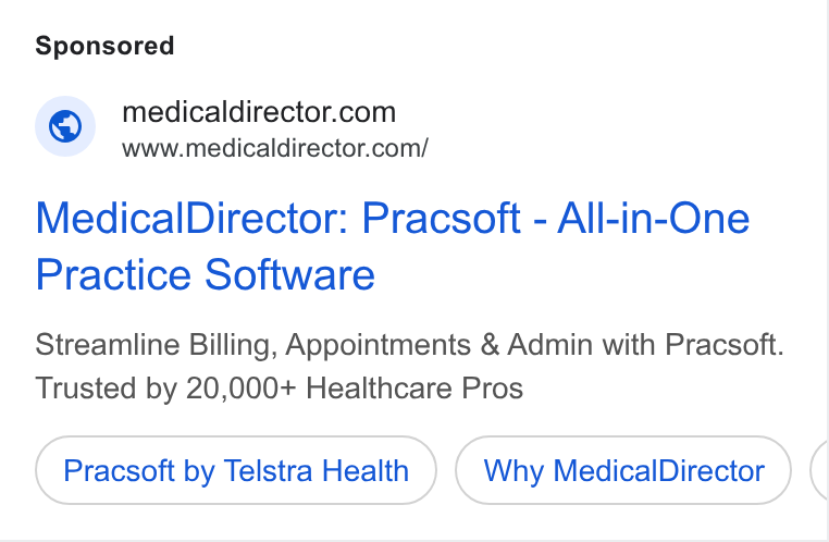 MedicalDirector ad on Google Ads: www.medicaidirector.com/ Medical Director: Pracsoft - All-in-One Practice Software Streamline Billing, Appointments & Admin with Pracsoft. Trusted by 20,000+ Healthcare Pros Pracsoft by Telstra Health Why Medical Director