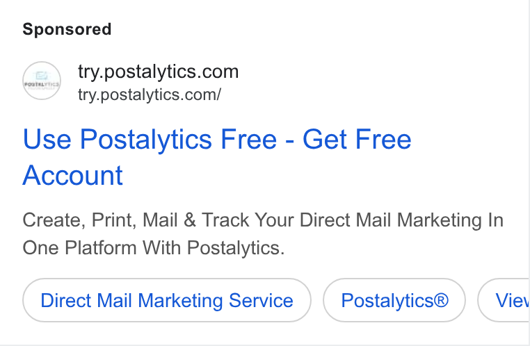 Postalytics ad on Google Ads: YK” try.postalytics.com/ Use Postalytics Free - Get Free Account Create, Print, Mail & Track Your Direct Mail Marketing In One Platform With Postalytics. Direct Mail Marketing Service Postalytics® Viev
