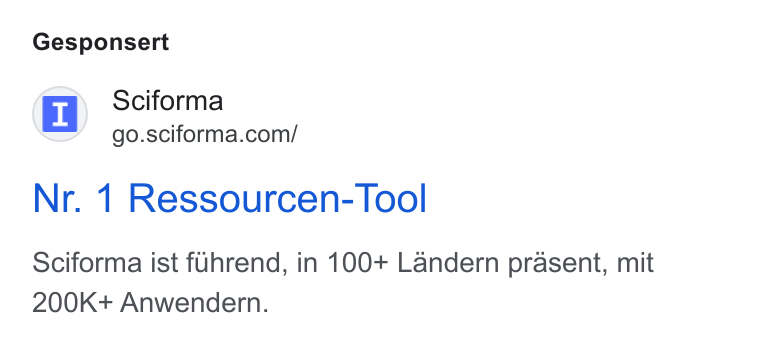 Sciforma ad on Google Ads: Gesponsert Nr. 1 Ressourcen- Tool Sciforma ist fuhrend, in 100+ Landern prasent, mit 200K+ Anwendern.