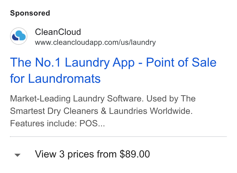 CleanCloud ad on Google Ads: The No.1 Laundry App - Point of Sale for Laundromats Market-Leading Laundry Software. Used by The Smartest Dry Cleaners & Laundries Worldwide. Features include: POS... View 3 prices from $89.00