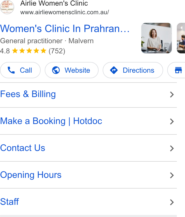HotDoc ad on Google Ads: Women's Clinic In Prahran... fo f Fees & Billing > Make a Booking | Hotdoc > Contact Us > Opening Hours > Staff >