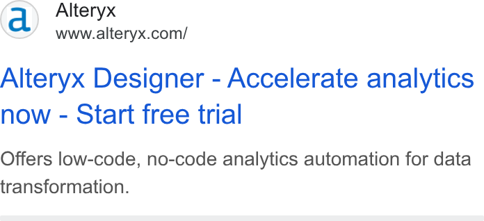 Alteryx ad on Google Ads: Alteryx Designer - Accelerate analytics now - Start free trial Offers low-code, no-code analytics automation for data transformation.