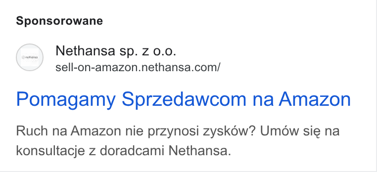 Nethansa ad on Google Ads: Sponsorowane Pomagamy Sprzedawcom na Amazon Ruch na Amazon nie przynosi zyské6w? Umow sie na konsultacje z doradcami Nethansa.