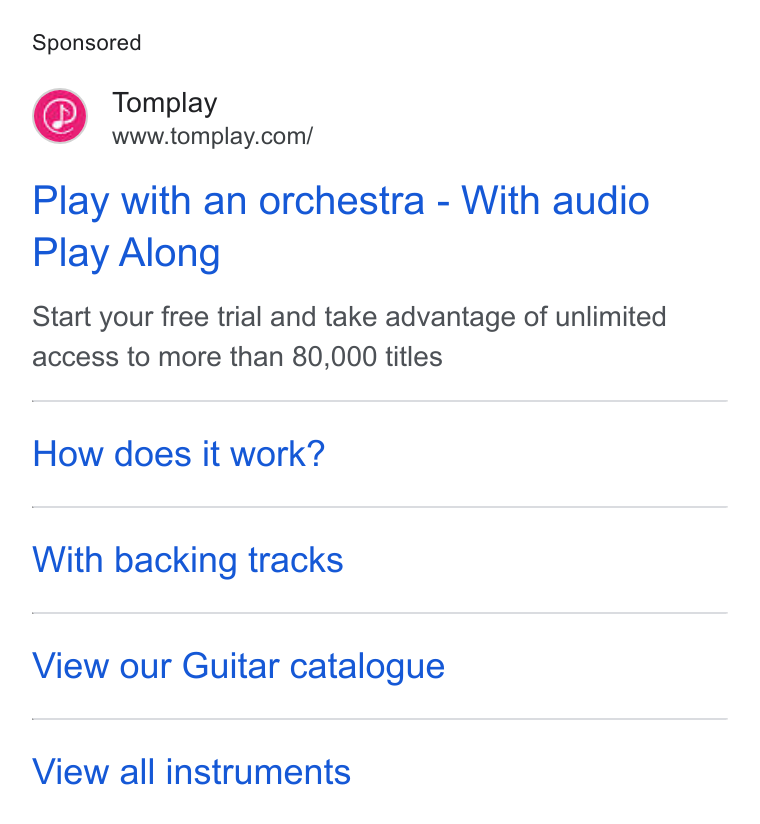 Tomplay ad on Google Ads: Play with an orchestra - With audio Play Along Start your free trial and take advantage of unlimited access to more than 80,000 titles How does it work? With backing tracks View our Guitar catalogue View all instruments