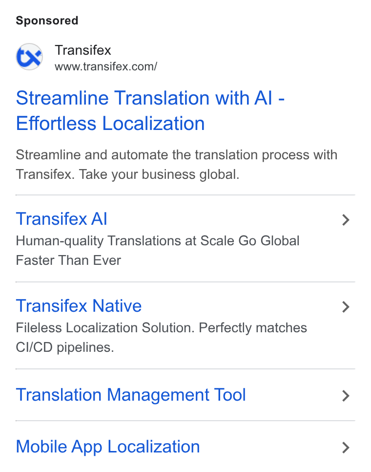 Transifex ad on Google Ads: Streamline Translation with Al - Effortless Localization Streamline and automate the translation process with Transifex. Take your business global. Transifex Al Human-quality Translations at Scale Go Global Faster Than Ever Transifex Native Fileless Localization Solution. Perfectly matches CI/CD pipelines. Translation Management Tool Mobile App Localization