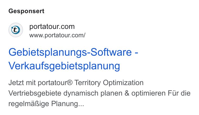 portatour ad on Google Ads: www.portatour.com/ Gebietsplanungs-Software - Verkaufsgebietsplanung Jetzt mit portatour® Territory Optimization Vertriebsgebiete dynamisch planen & optimieren Fur die regelma Rige Planung...
