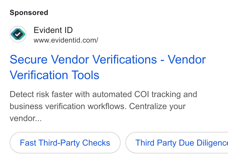 Evident ad on Google Ads: Secure Vendor Verifications - Vendor Verification Tools Detect risk faster with automated COI tracking and business verification workflows. Centralize your vendor... Fast Third-Party Checks }( Third Party Due Diligenc: