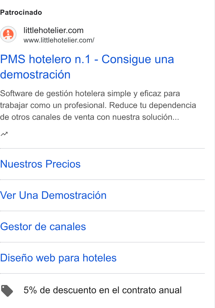 Little Hotelier ad on Google Ads: www.littlehotelier.com/ PMS hotelero n.1 - Consigue una demostracion Software de gestion hotelera simple y eficaz para trabajar como un profesional. Reduce tu dependencia de otros canales de venta con nuestra soluci6n... nw Nuestros Precios Ver Una Demosiracién Gestor de canales Disefio web para hoteles > 5% de descuento en el contrato anual