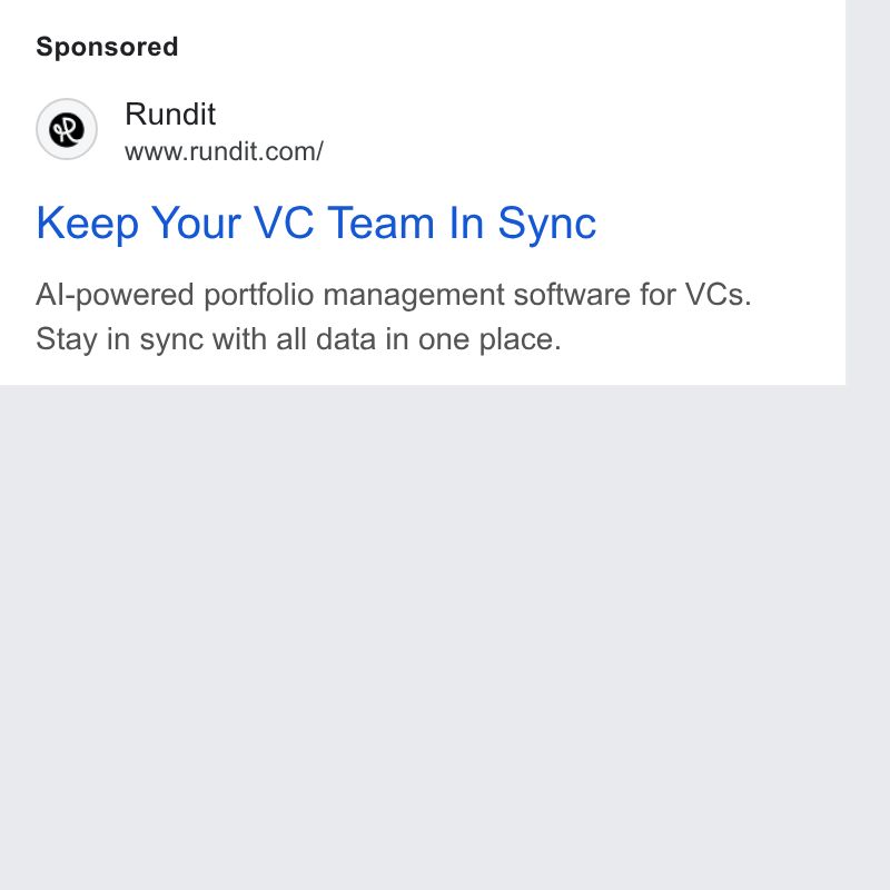 Rundit ad on Google Ads: Keep Your VC Team In Sync Al-powered portfolio management software for VCs. Stay in sync with all data in one place.