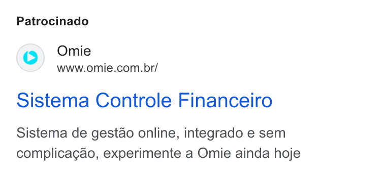 Omie ad on Google Ads: Patrocinado Sistema Controle Financeiro Sistema de gestao online, integrado e sem complicagao, experimente a Omie ainda hoje