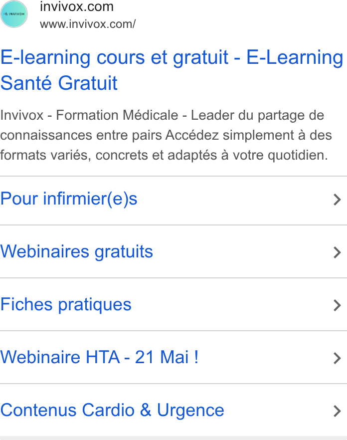 INVIVOX ad on Google Ads: www.invivox.com/ E-learning cours et gratuit - E-Learning Santé Gratuit Invivox - Formation Médicale - Leader du partage de connaissances entre pairs Accédez simplement a des formats variés, concrets et adaptés a votre quotidien. Pour infirmier(e)s > Webinaires gratuits > Fiches pratiques > Webinaire HTA - 21 Mai! > Contenus Cardio & Urgence >