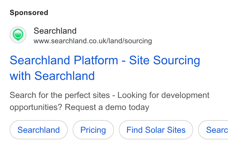 Searchland ad on Google Ads: Searchland Platform - Site Sourcing with Searchland Search for the perfect sites - Looking for development opportunities? Request a demo today Searchland Find Solar Sites ) ( Searc