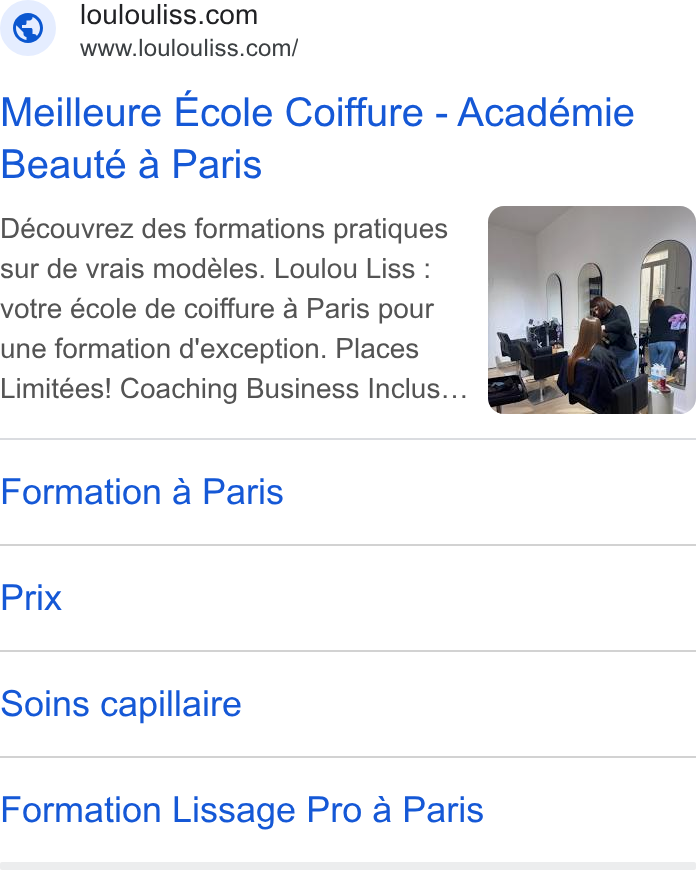 Planity ad on Google Ads: www.loulouliss.com/ Meilleure Ecole Coiffure - Académie Beauté a Paris Découvrez des formations pratiques sur de vrais modéles. Loulou Liss : votre école de coiffure a Paris pour une formation d’exception. Places Limitées! Coaching Business Inclus... Formation a Paris Prix Soins capillaire Formation Lissage Pro a Paris