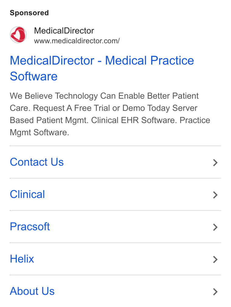 MedicalDirector ad on Google Ads: Medical Director - Medical Practice Software We Believe Technology Can Enable Better Patient Care. Request A Free Trial or Demo Today Server Based Patient Mgmt. Clinical EHR Software. Practice Mgmt Software. Contact Us Clinical Pracsoft Helix About Us