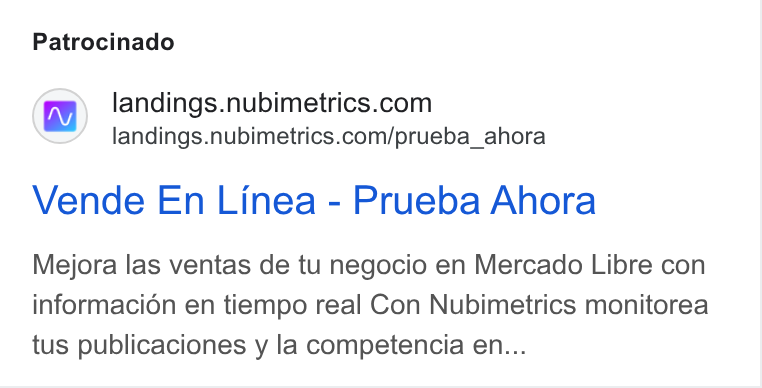 Nubimetrics ad on Google Ads: landings.nubimetrics.com/prueba_ahora Vende En Linea - Prueba Ahora Mejora las ventas de tu negocio en Mercado Libre con informacion en tiempo real Con Nubimetrics monitorea tus publicaciones y la competencia en...