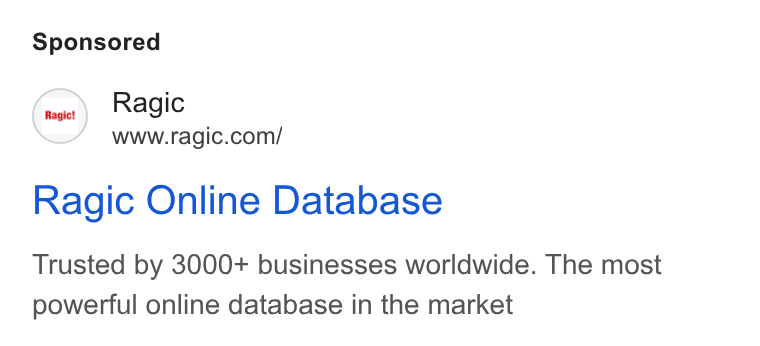Ragic ad on Google Ads: Ragic Online Database Trusted by 3000+ businesses worldwide. The most powerful online database in the market