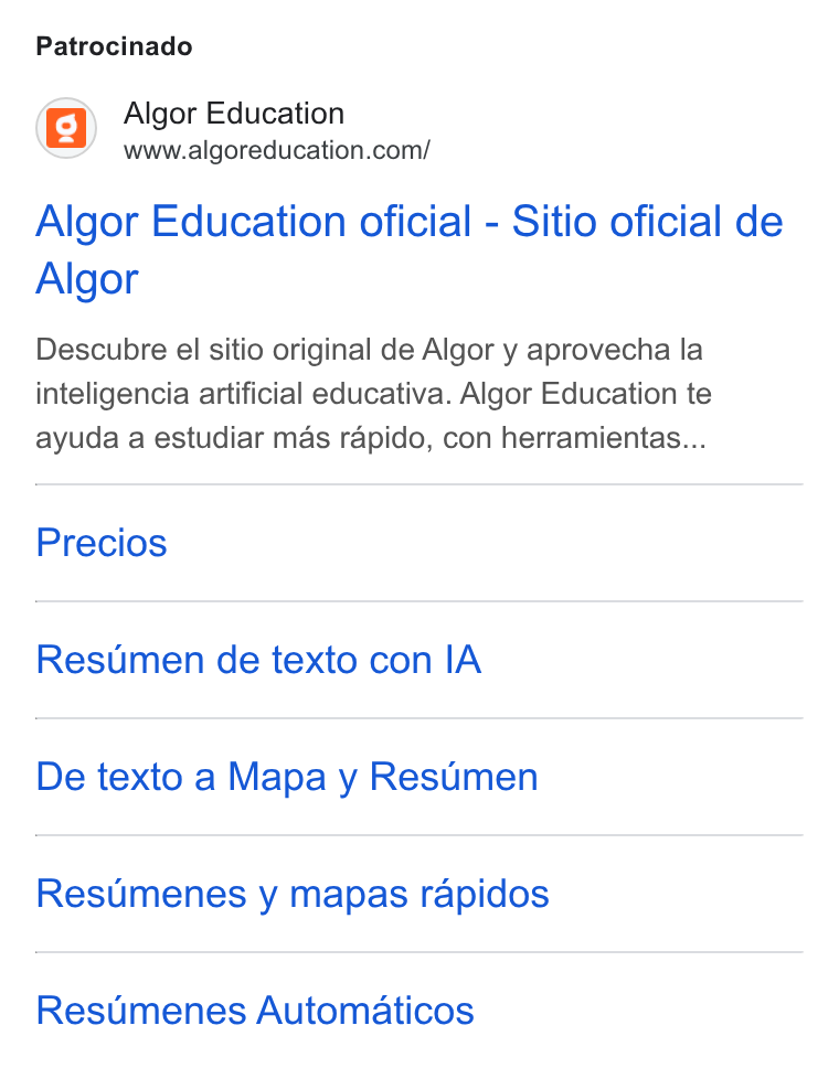 Algor ad on Google Ads: Patrocinado Algor Education oficial - Sitio oficial de Algor Descubre el sitio original de Algor y aprovecha la inteligencia artificial educativa. Algor Education te ayuda a estudiar mas rapido, con herramientas... Precios Resumen de texto con IA De texto a Mapa y Resumen Resumenes y mapas rapidos Resumenes Automaticos