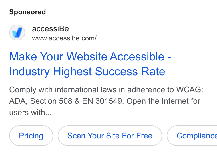 accessiBe ad on Google Ads: Make Your Website Accessible - Industry Highest Success Rate Comply with international laws in adherence to WCAG: ADA, Section 508 & EN 301549. Open the Internet for users with... Scan Your Site For Free } ( Compliance
