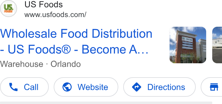 US Foods ad on Google Ads: Wholesale Food Distribution - US Foods® - Become A... Warehouse - Orlando X Call © Website (