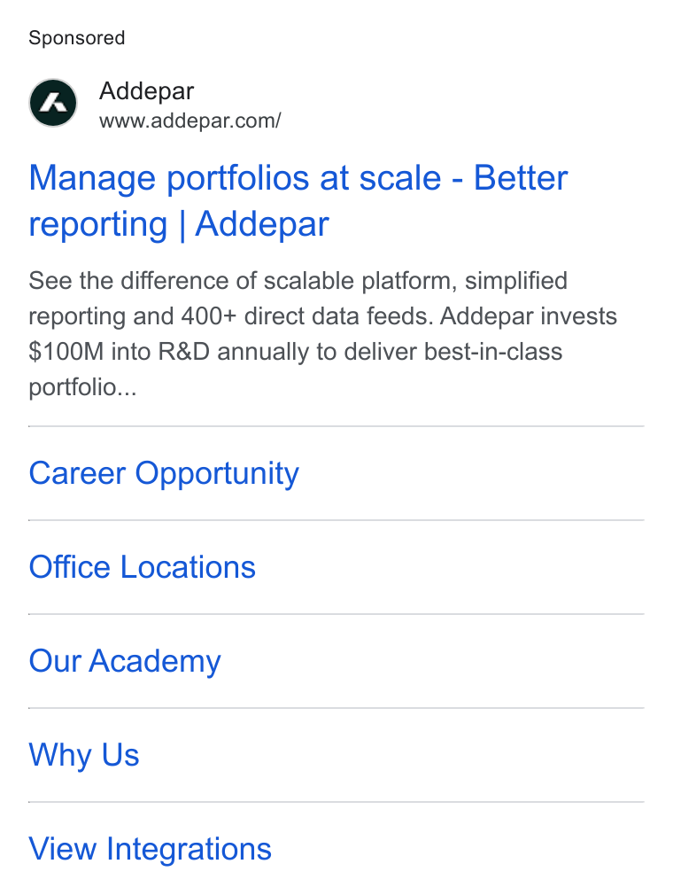 Addepar ad on Google Ads: Manage portfolios at scale - Better reporting | Addepar See the difference of scalable platform, simplified reporting and 400+ direct data feeds. Addepar invests $100M into R& D annually to deliver best-in-class portfolio... Career Opportunity Office Locations Our Academy Why Us View Integrations