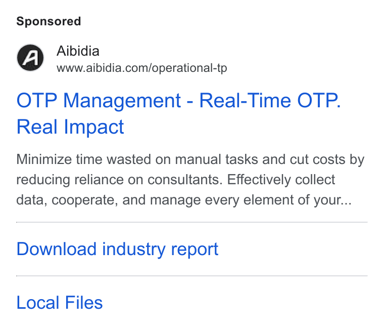 Aibidia ad on Google Ads: OTP Management - Real-Time OTP. Real Impact Minimize time wasted on manual tasks and cut costs by reducing reliance on consultants. Effectively collect data, cooperate, and manage every element of your... Download industry report Local Files