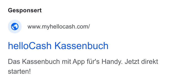 helloCash ad on Google Ads: hello Cash Kassenbuch Das Kassenbuch mit App fur's Handy. Jetzt direkt starten!