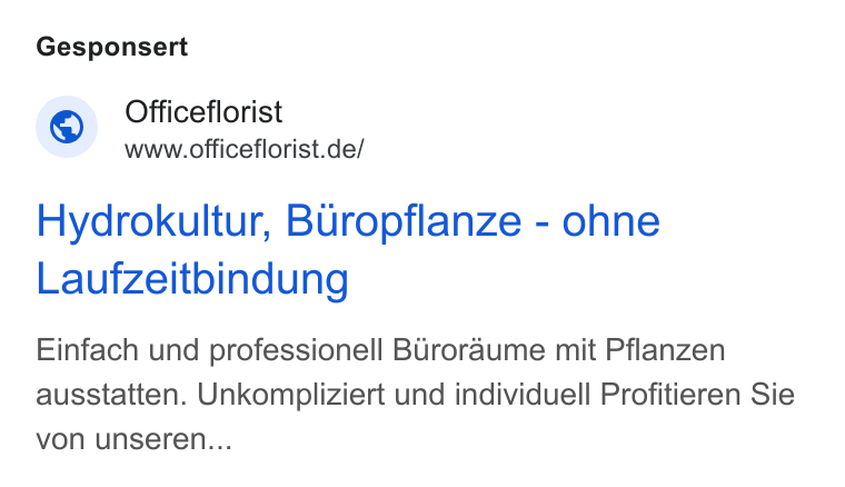 YouCanBookMe ad on Google Ads: Gesponsert Hydrokultur, Buropflanze - ohne Laufzeitbindung Einfach und professionell Buroraume mit Pflanzen ausstatten. Unkompliziert und individuell Profitieren Sie von unseren...