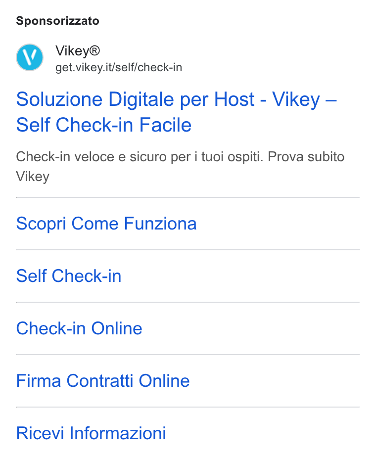 Vikey ad on Google Ads: Sponsorizzato Soluzione Digitale per Host - Vikey — Self Check-in Facile Check-in veloce e sicuro per ij tuoi ospiti. Prova subito Vikey Scopri Come Funziona Self Check-in Check-in Online Firma Contratti Online Ricevi Informazioni