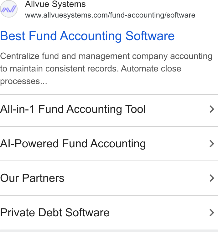 Allvue Systems ad on Google Ads: Best Fund Accounting Software Centralize fund and management company accounting to maintain consistent records. Automate close processes... All-in-1 Fund Accounting Tool > Al-Powered Fund Accounting > Our Partners > Private Debt Software >