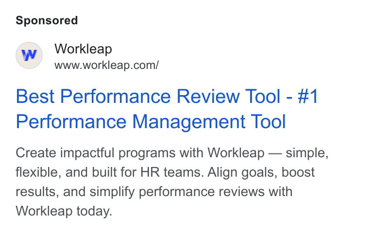 Workleap ad on Google Ads: Best Performance Review Tool - #1 Performance Management Tool Create impactful programs with Workleap — simple, flexible, and built for HR teams. Align goals, boost results, and simplify performance reviews with Workleap today.