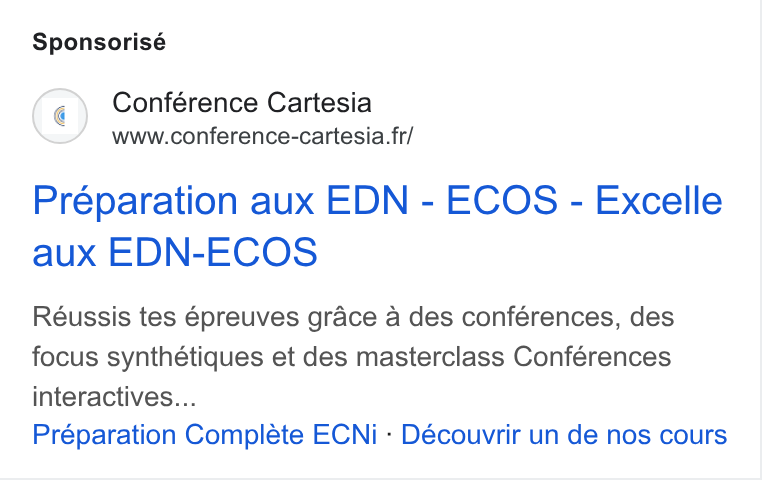 YouCanBookMe ad on Google Ads: Sponsorisé Préparation aux EDN - ECOS - Excelle aux EDN-ECOS Réussis tes épreuves grace a des conférences, des focus synthétiques et des masterclass Conférences interactives... Préparation Compléte ECNi - Découvrir un de nos cours