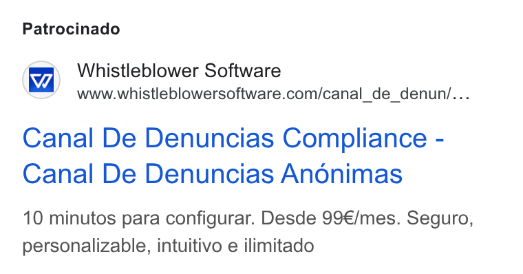 Formalize ad on Google Ads: Patrocinado Canal De Denuncias Compliance - Canal De Denuncias Anonimas 10 minutos para configurar. Desde 99€/mes. Seguro, personalizable, intuitivo e ilimitado
