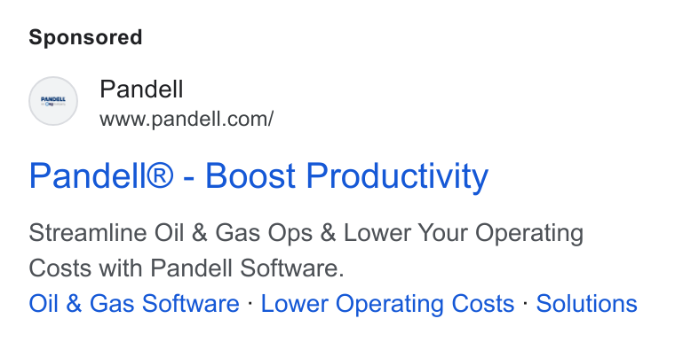 Pandell ad on Google Ads: Pandell® - Boost Productivity Streamline Oil & Gas Ops & Lower Your Operating Costs with Pandell Software. Oil & Gas Software - Lower Operating Costs - Solutions