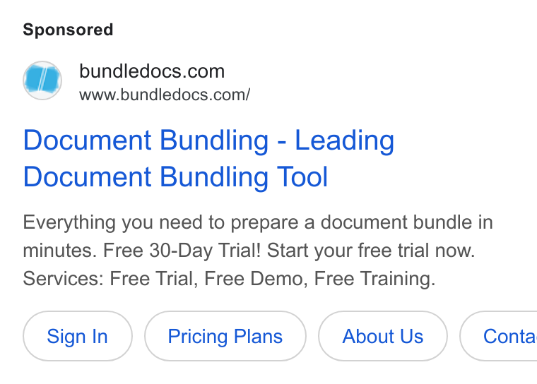 Bundledocs ad on Google Ads: www.bundledocs.com/ Document Bundling - Leading Document Bundling Tool Everything you need to prepare a document bundle in minutes. Free 30-Day Trial! Start your free trial now. Services: Free Trial, Free Demo, Free Training. Pricing Plans About Us }( Conta